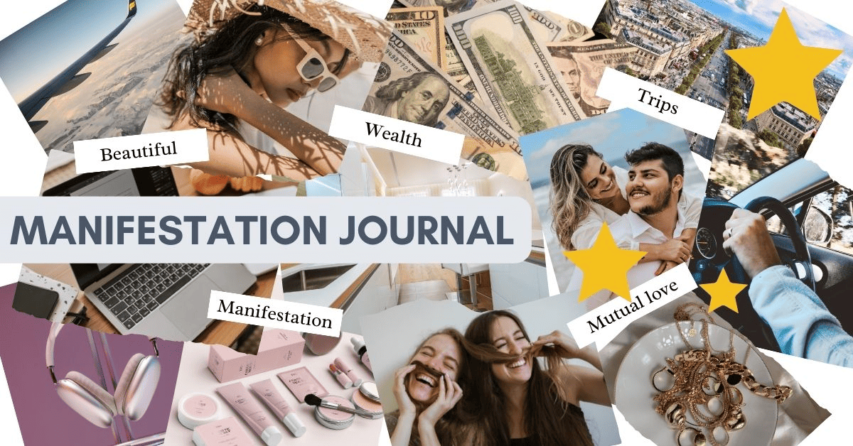 Featured image for article Manifestation Journaling, images of ideas of things an individual might want to manifest in their life.