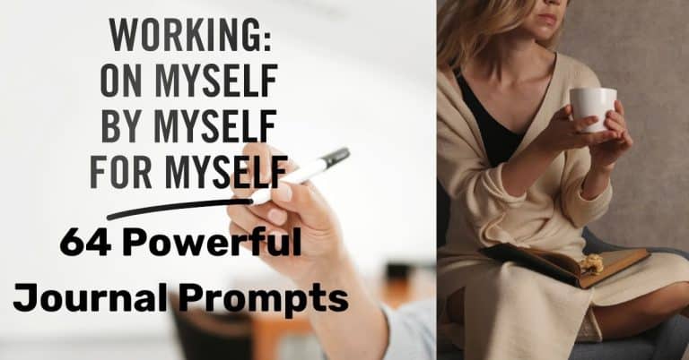 64 Powerful Journal Prompts, working on oneself. Image of woman drinking a coffee and self reflecting.