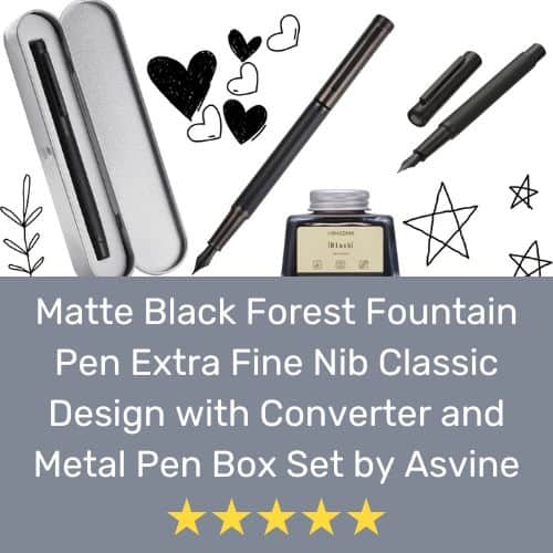 Matte Black Forest Fountain Pen Extra Fine Nib Classic Design with Converter and Metal Pen Box Set by Asvine