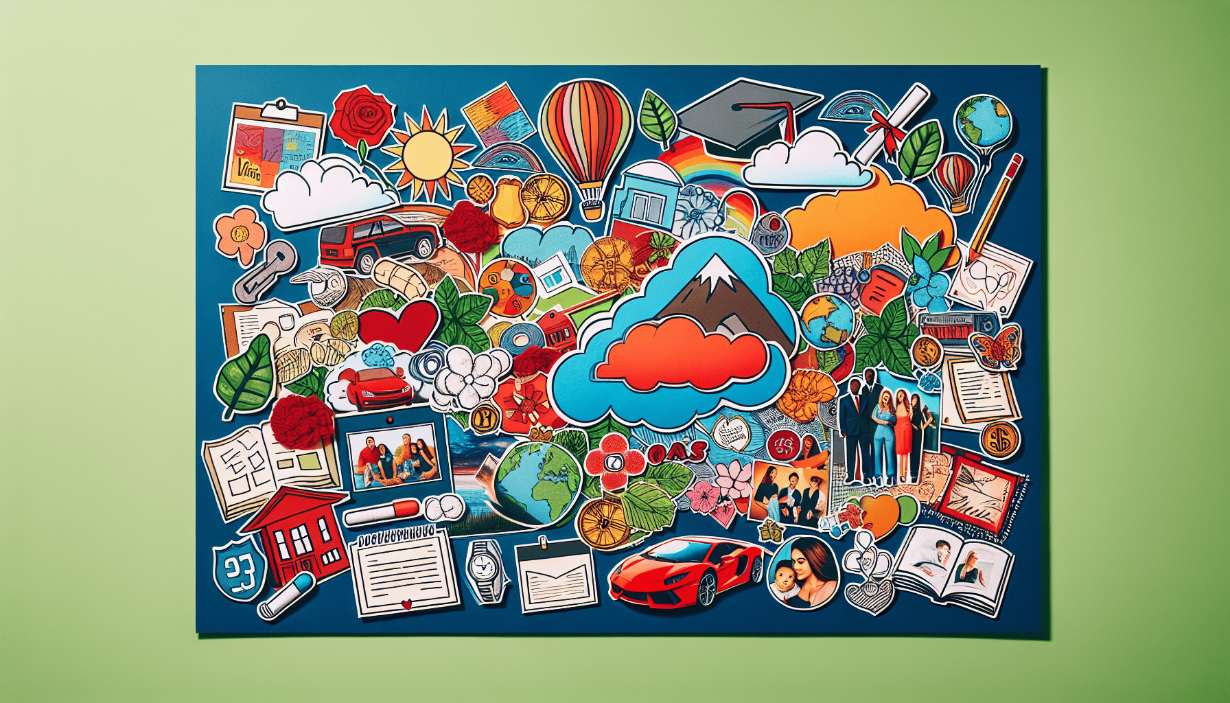 A vision board with images and words representing goals and dreams